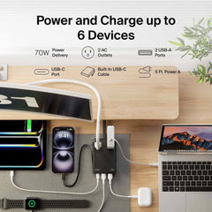 2-Outlet Charging Station with USB Ports and USB-C Cable 70W