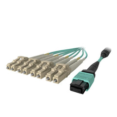 MTP to LC Fiber Optic Cable, 40GB Aqua Multimode MTP/8x LC, 50/125, OM3, Plenum